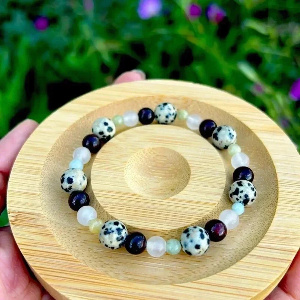 Handmade Dalmatian Jasper + Garnet + Rose Quartz + Morganite bracelet